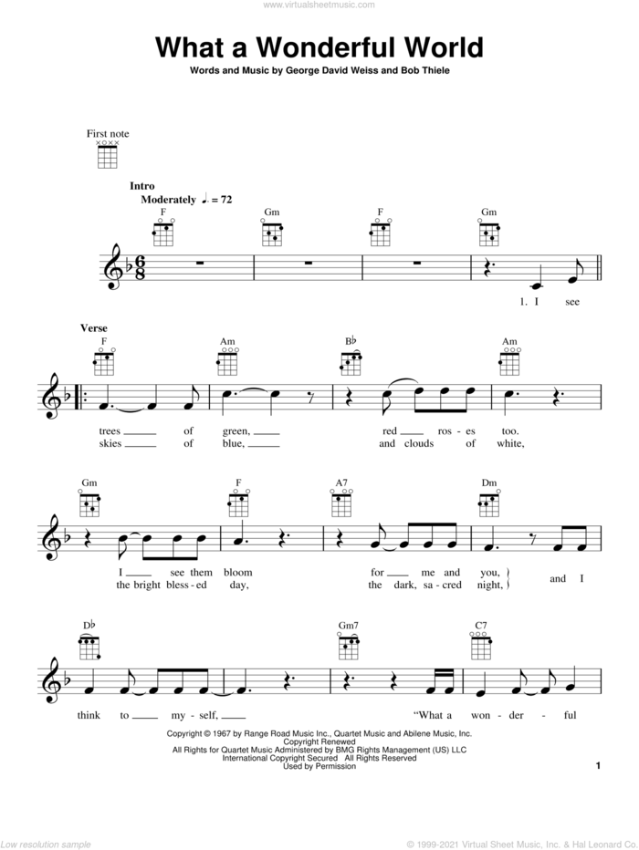 What A Wonderful World sheet music for ukulele by Louis Armstrong, Bob Thiele and George David Weiss, intermediate skill level