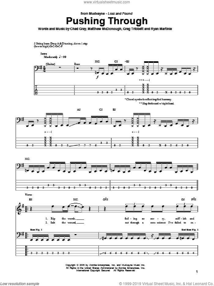 Pushing Through sheet music for bass (tablature) (bass guitar) by Mudvayne, Chad Gray, Greg Tribbett, Matthew McDonough and Ryan Martinie, intermediate skill level