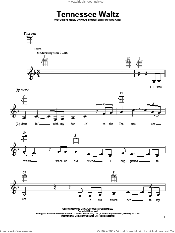 Tennessee Waltz sheet music for ukulele by Patty Page, Patti Page, Pee Wee King and Redd Stewart, intermediate skill level