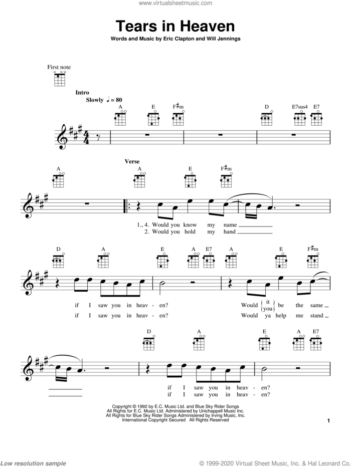 Tears In Heaven sheet music for ukulele by Eric Clapton and Will Jennings, intermediate skill level