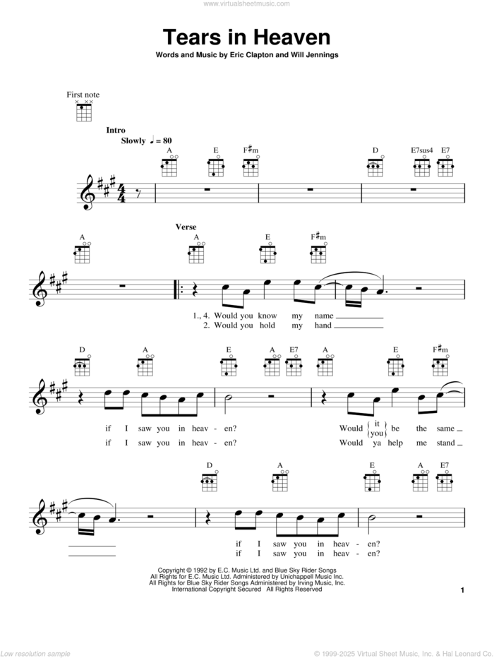 Tears In Heaven sheet music for ukulele by Eric Clapton and Will Jennings, intermediate skill level