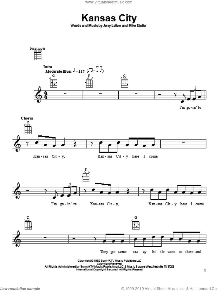 Kansas City sheet music for ukulele by The Beatles, Jerry Leiber, Mike Stoller and Wilbert Harrison, intermediate skill level