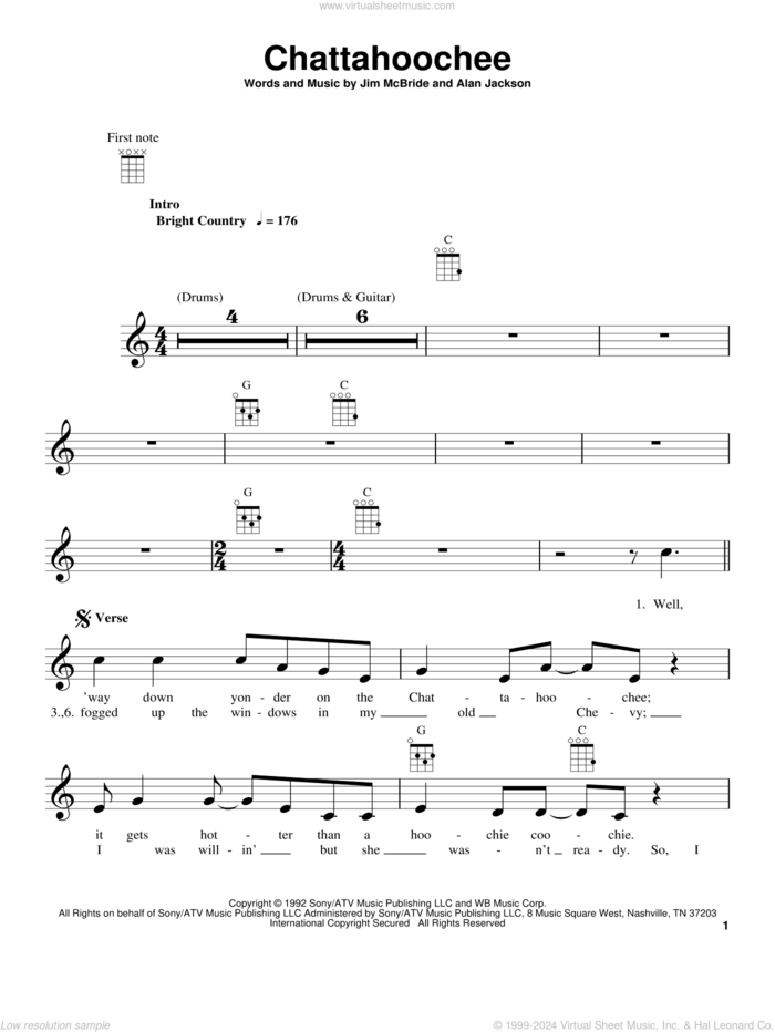 Chattahoochee sheet music for ukulele by Alan Jackson and Jim McBride, intermediate skill level