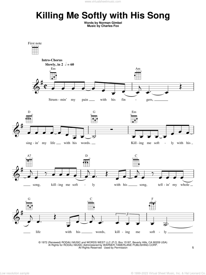 Killing Me Softly With His Song sheet music for ukulele by Roberta Flack, Charles Fox, Norman Gimbel and The Fugees, intermediate skill level