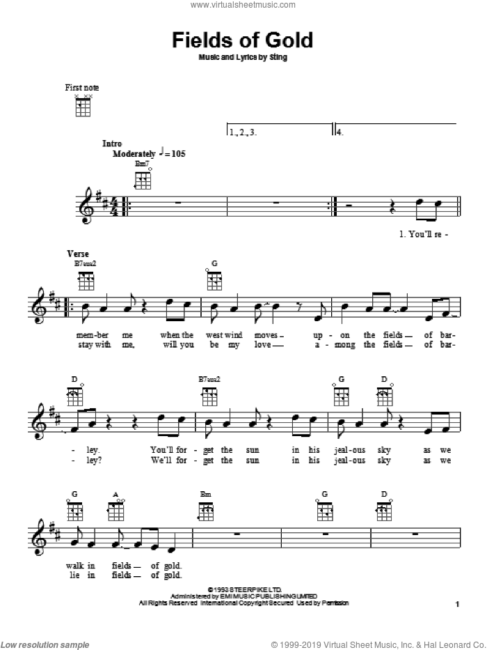 Fields Of Gold sheet music for ukulele by Sting, intermediate skill level
