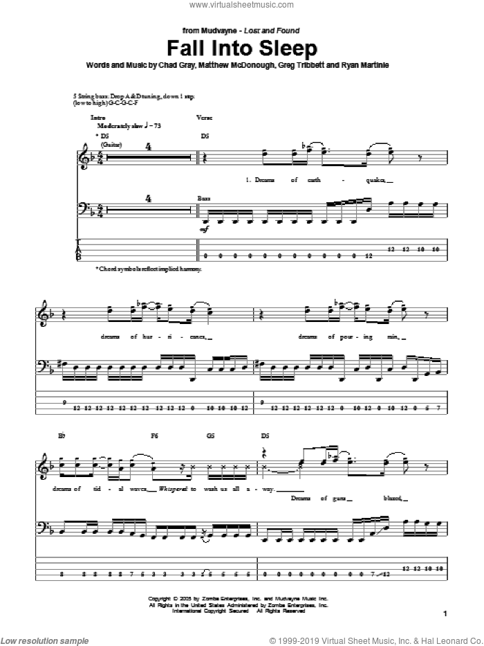 Fall Into Sleep sheet music for bass (tablature) (bass guitar) by Mudvayne, Chad Gray, Greg Tribbett, Matthew McDonough and Ryan Martinie, intermediate skill level