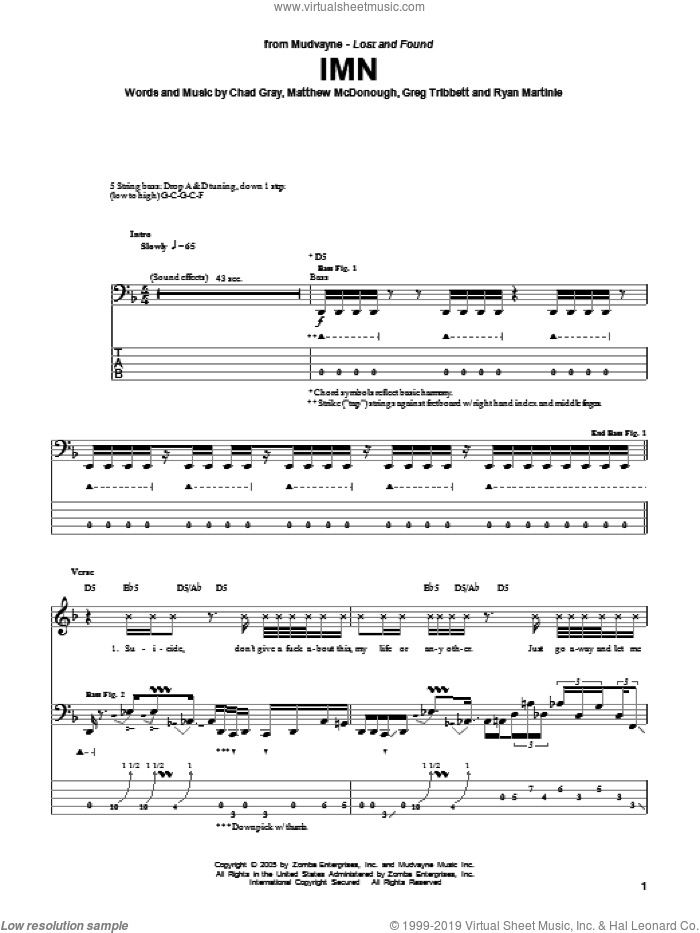 IMN sheet music for bass (tablature) (bass guitar) by Mudvayne, Chad Gray, Greg Tribbett, Matthew McDonough and Ryan Martinie, intermediate skill level
