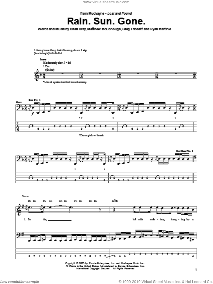 Rain.Sun.Gone sheet music for bass (tablature) (bass guitar) by Mudvayne, Chad Gray, Greg Tribbett, Matthew McDonough and Ryan Martinie, intermediate skill level