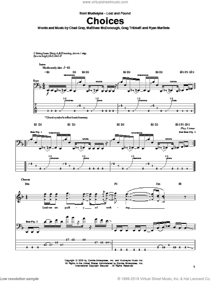 Choices sheet music for bass (tablature) (bass guitar) by Mudvayne, Chad Gray, Greg Tribbett, Matthew McDonough and Ryan Martinie, intermediate skill level