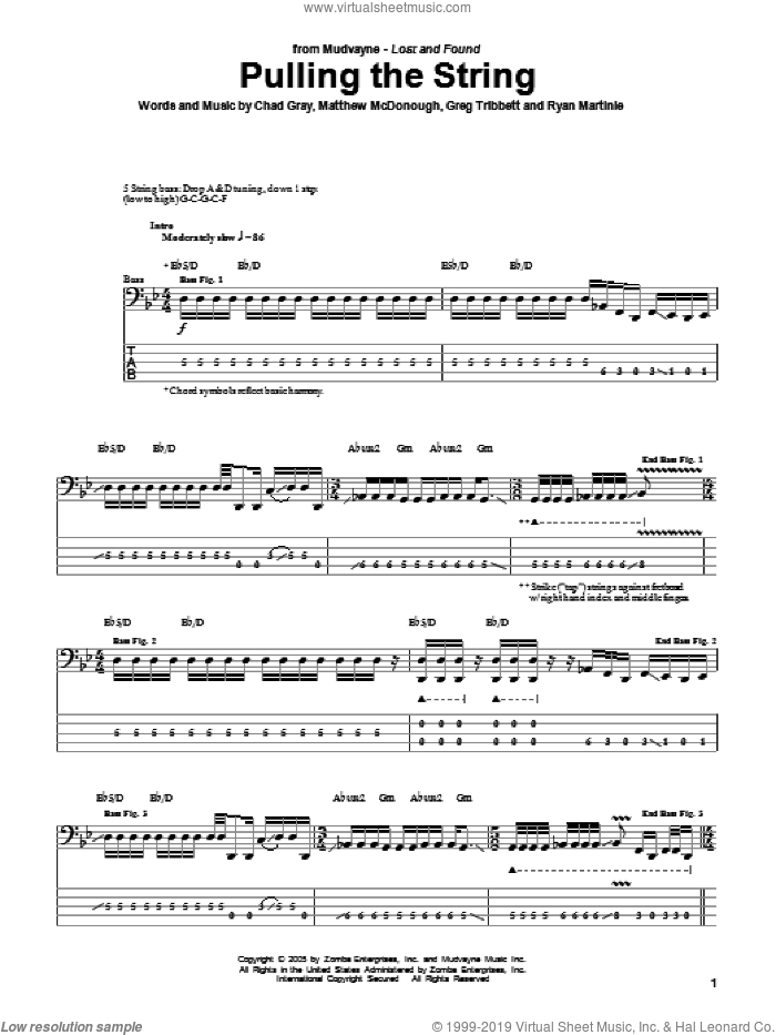 Pulling The String sheet music for bass (tablature) (bass guitar) by Mudvayne, Chad Gray, Greg Tribbett, Matthew McDonough and Ryan Martinie, intermediate skill level