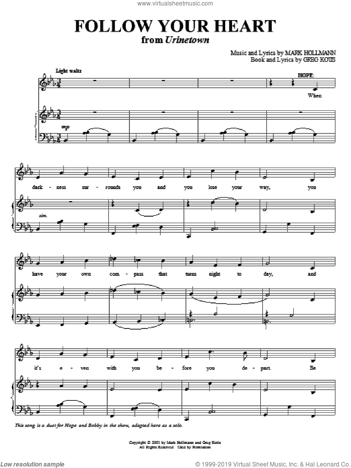 Follow Your Heart sheet music for voice and piano by Mark Hollmann and Greg Kotis, intermediate skill level