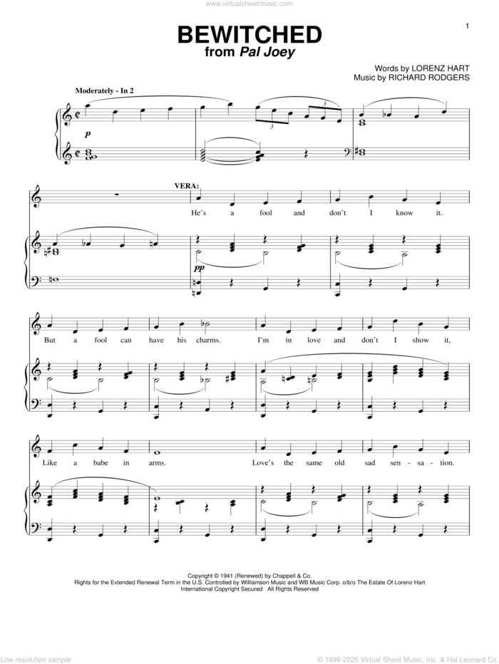Bewitched sheet music for voice and piano by Rodgers & Hart, Pal Joey (Musical), Lorenz Hart and Richard Rodgers, intermediate skill level