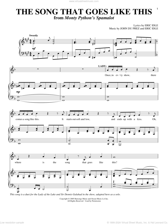 The Song That Goes Like This (from Monty Python's Spamalot) sheet music for voice and piano by Eric Idle and John Du Prez, intermediate skill level