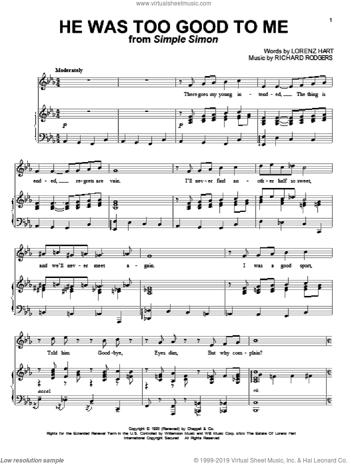 He Was Too Good To Me sheet music for voice and piano by Rodgers & Hart, Lorenz Hart and Richard Rodgers, intermediate skill level