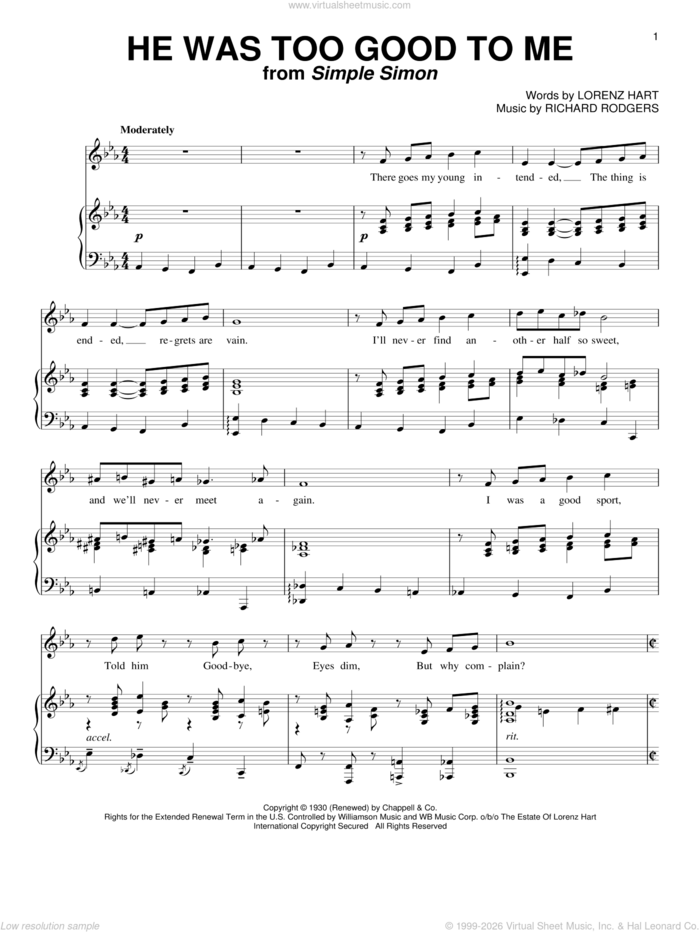 He Was Too Good To Me sheet music for voice and piano by Rodgers & Hart, Lorenz Hart and Richard Rodgers, intermediate skill level