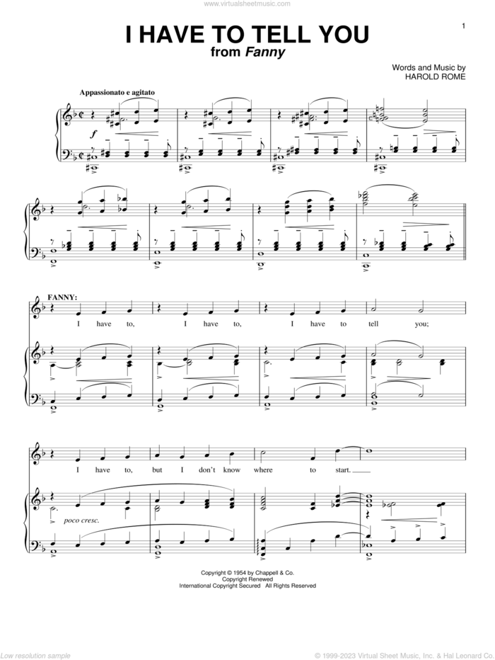 I Have To Tell You sheet music for voice and piano by Harold Rome, intermediate skill level