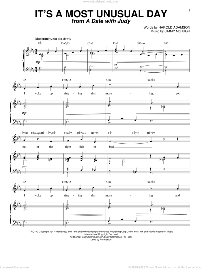 It's A Most Unusual Day sheet music for voice and piano by Harold Adamson and Jimmy McHugh, intermediate skill level