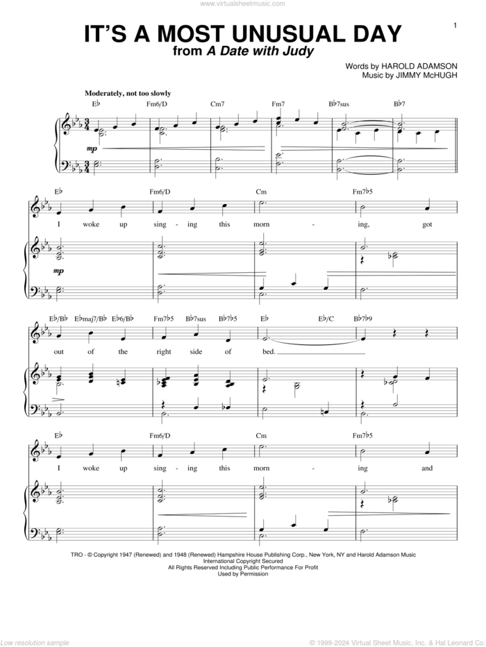 It's A Most Unusual Day sheet music for voice and piano by Harold Adamson and Jimmy McHugh, intermediate skill level