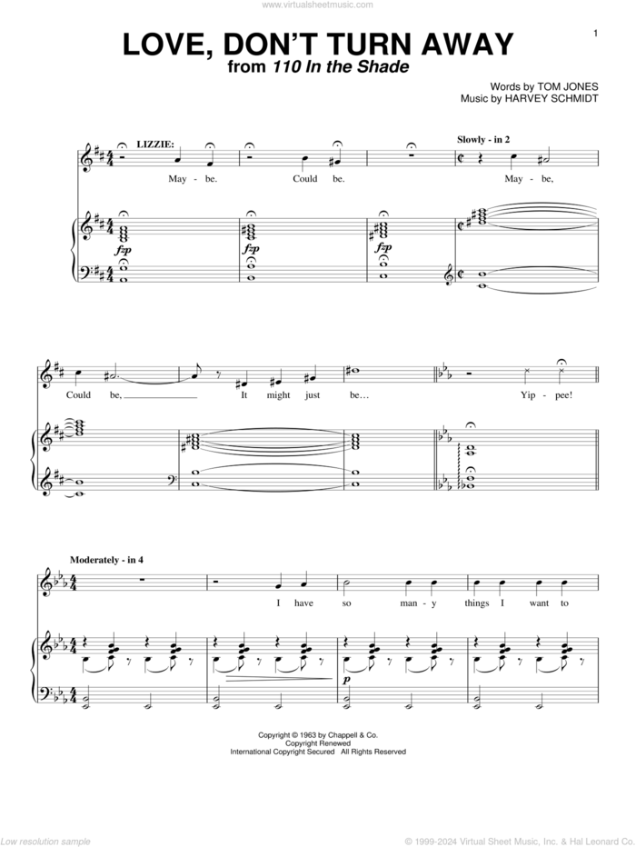 Love, Don't Turn Away sheet music for voice and piano by Tom Jones and Harvey Schmidt, intermediate skill level