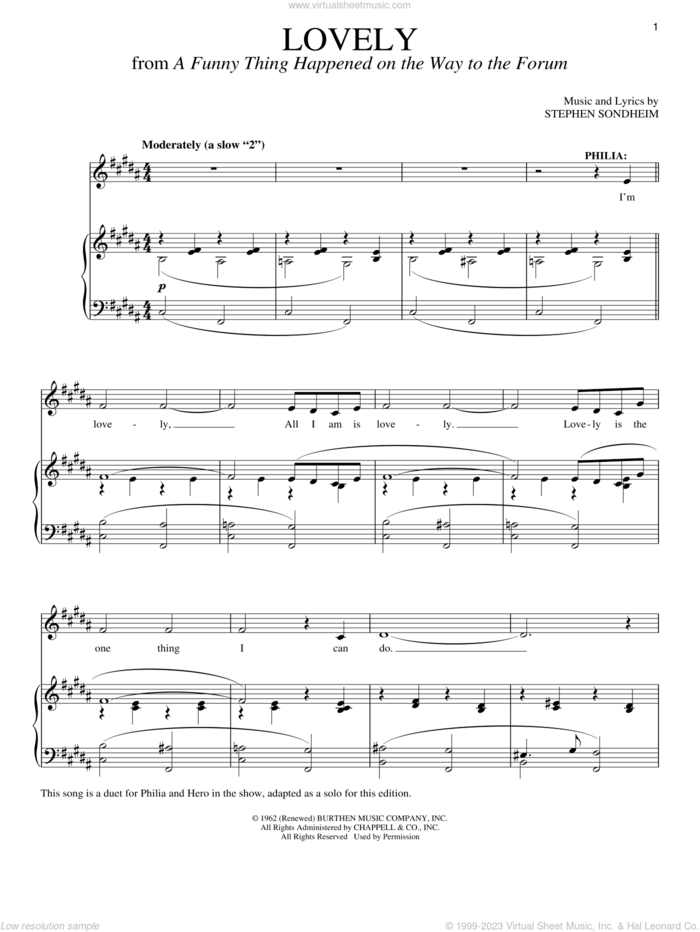 Lovely sheet music for voice and piano by Stephen Sondheim, intermediate skill level