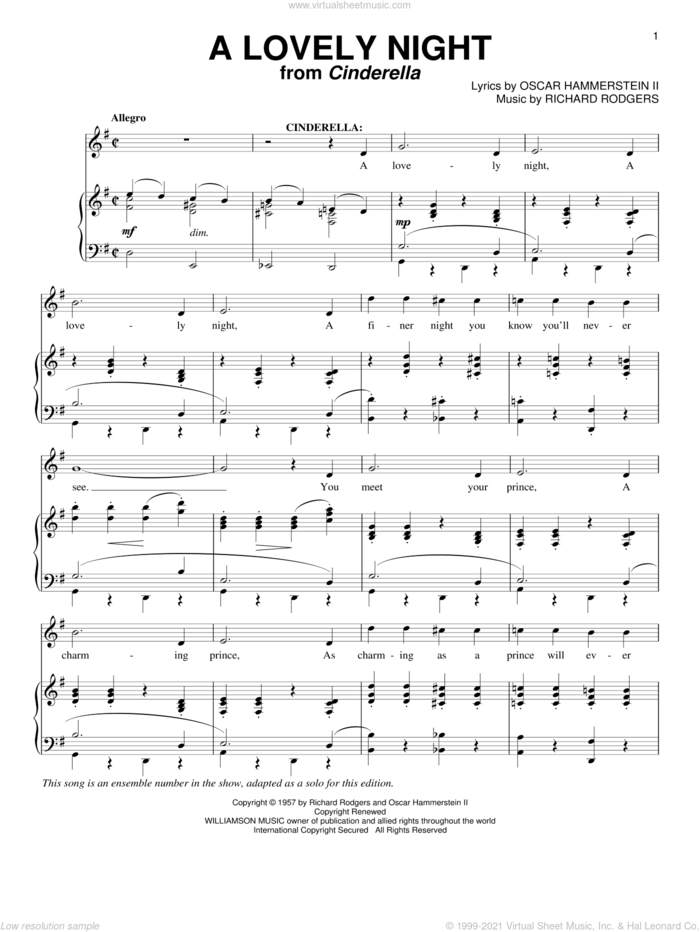 A Lovely Night sheet music for voice and piano by Rodgers & Hammerstein, Oscar II Hammerstein and Richard Rodgers, intermediate skill level