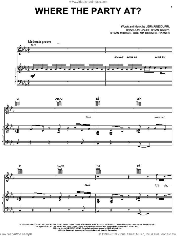 Where The Party At sheet music for voice, piano or guitar by Jagged Edge With Nelly, Jagged Edge, Nelly, Brandon Casey, Brian Casey and Bryan Michael Cox, intermediate skill level