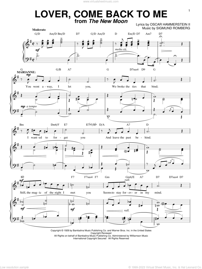 Lover, Come Back To Me sheet music for voice and piano by Sigmund Romberg and Oscar II Hammerstein, intermediate skill level