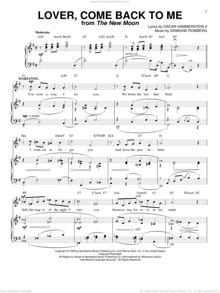 Lover, Come Back To Me sheet music for voice and piano by Sigmund Romberg and Oscar II Hammerstein, intermediate skill level