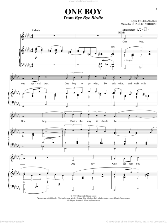 One Boy (Girl) sheet music for voice and piano by Lee Adams and Charles Strouse, intermediate skill level