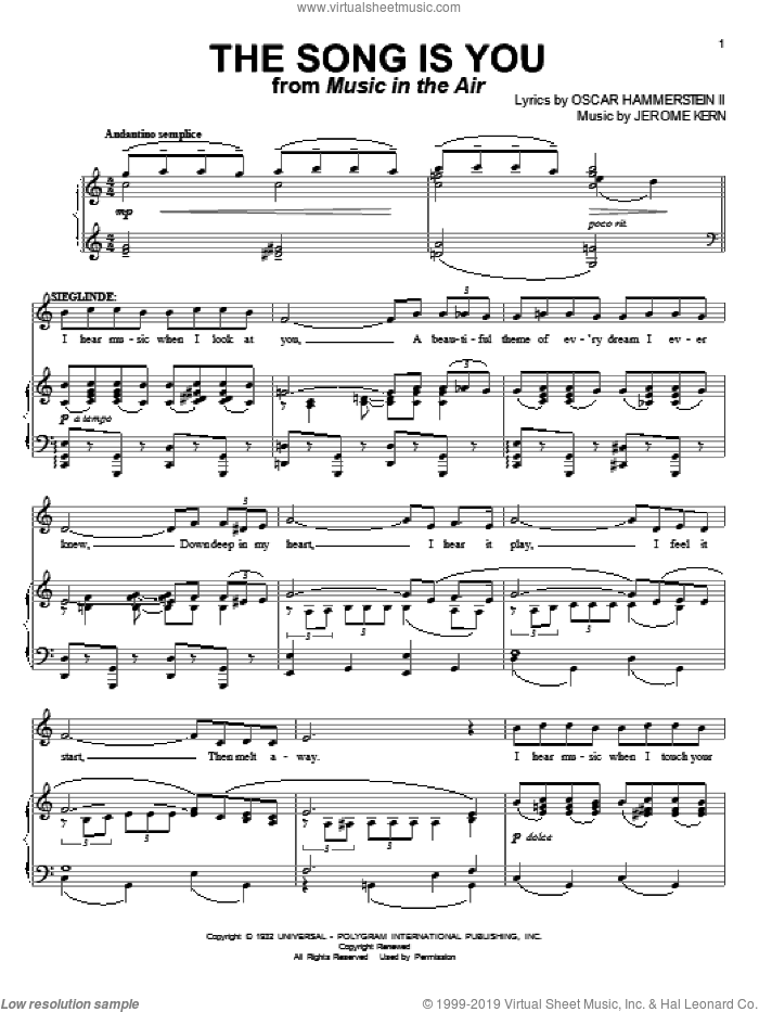 The Song Is You sheet music for voice and piano by Jerome Kern and Oscar II Hammerstein, intermediate skill level
