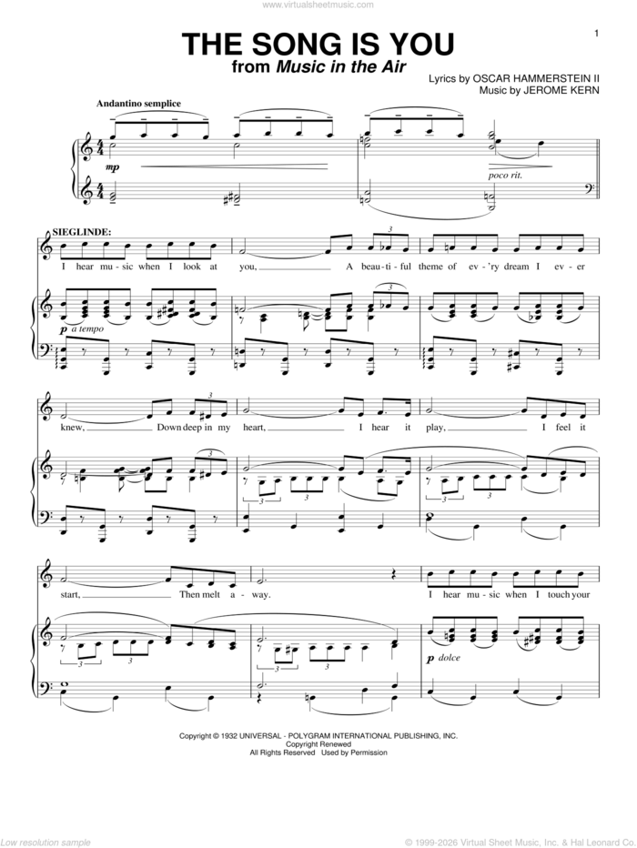 The Song Is You sheet music for voice and piano by Jerome Kern and Oscar II Hammerstein, intermediate skill level