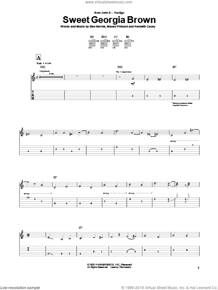 Sweet Georgia Brown sheet music for guitar (tablature) by John5, Ben Bernie, Kenneth Casey and Maceo Pinkard, intermediate skill level