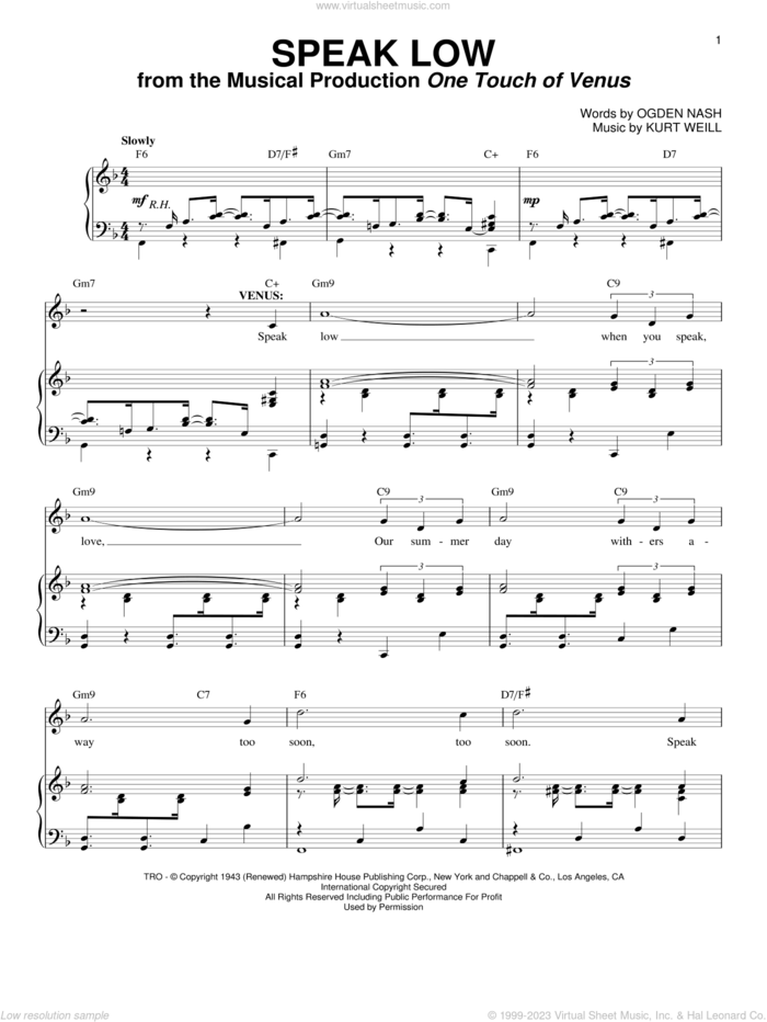 Speak Low sheet music for voice and piano by Kurt Weill and Ogden Nash, intermediate skill level