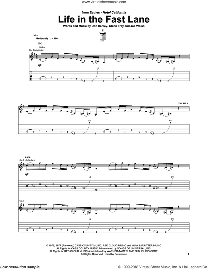 Life In The Fast Lane sheet music for guitar (tablature) by The Eagles, Don Henley, Glenn Frey and Joe Walsh, intermediate skill level