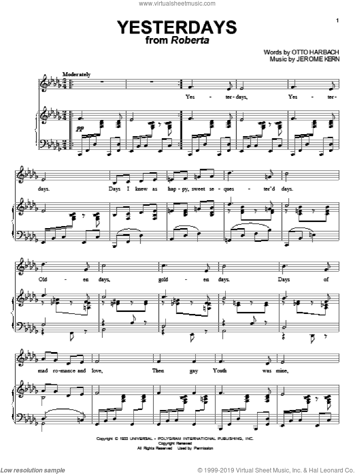Yesterdays sheet music for voice and piano by Jerome Kern and Otto Harbach, intermediate skill level