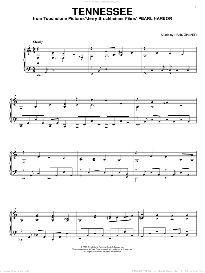 Tennessee (from Pearl Harbor) sheet music for piano solo by Hans Zimmer and Pearl Harbor (Movie), intermediate skill level