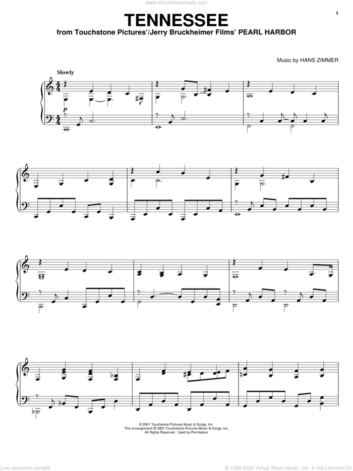 Tennessee (from Pearl Harbor) sheet music for piano solo by Hans Zimmer and Pearl Harbor (Movie), intermediate skill level