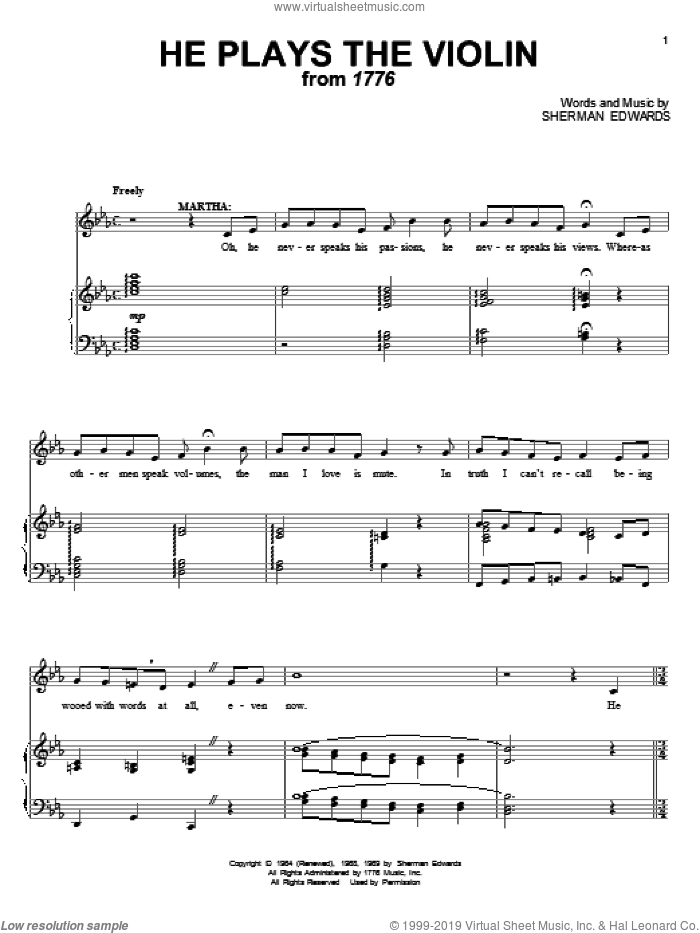 He Plays The Violin (from 1776) sheet music for voice and piano by Sherman Edwards and 1776 (Musical), intermediate skill level