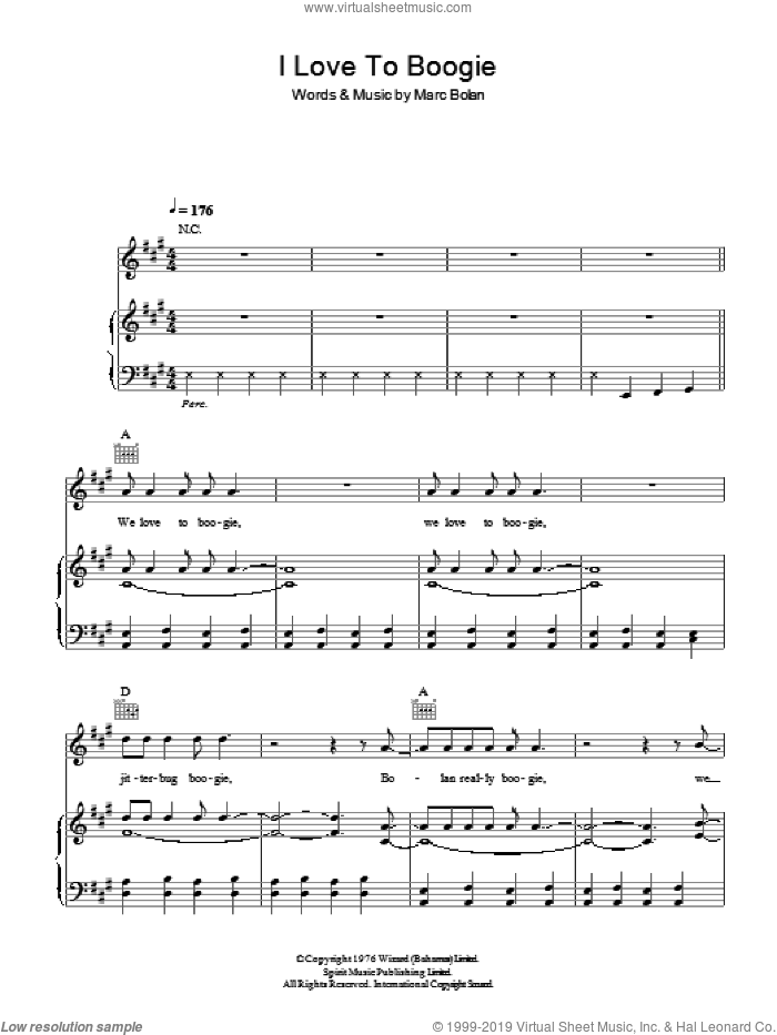 I Love To Boogie sheet music for voice, piano or guitar by T Rex and Marc Bolan, intermediate skill level