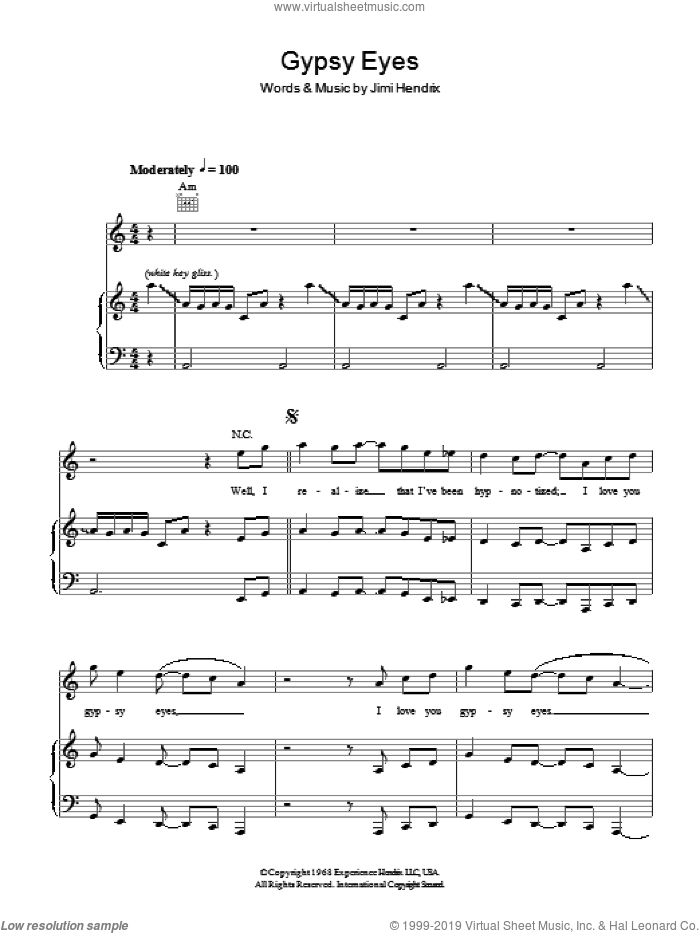 Gypsy Eyes sheet music for voice, piano or guitar by Jimi Hendrix, intermediate skill level