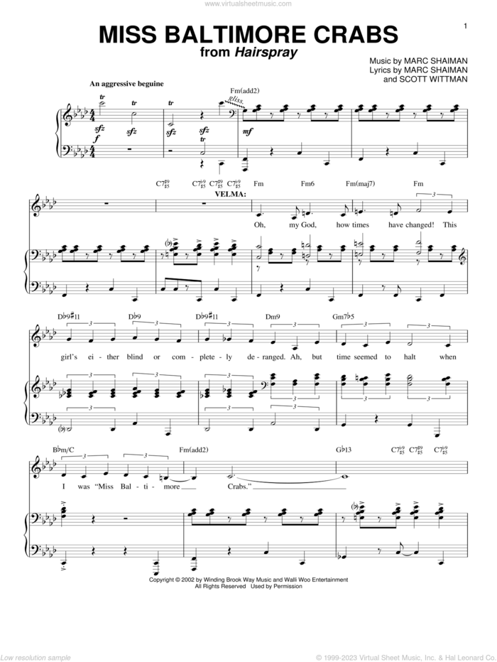 Miss Baltimore Crabs sheet music for voice and piano by Marc Shaiman and Scott Wittman, intermediate skill level