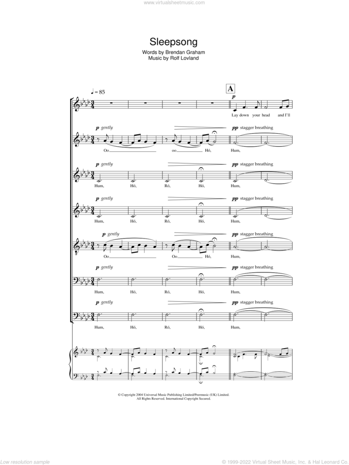 Sleepsong sheet music for choir by Secret Garden, Brendan Graham, Rolf LAuvland and Rolf Lovland, intermediate skill level