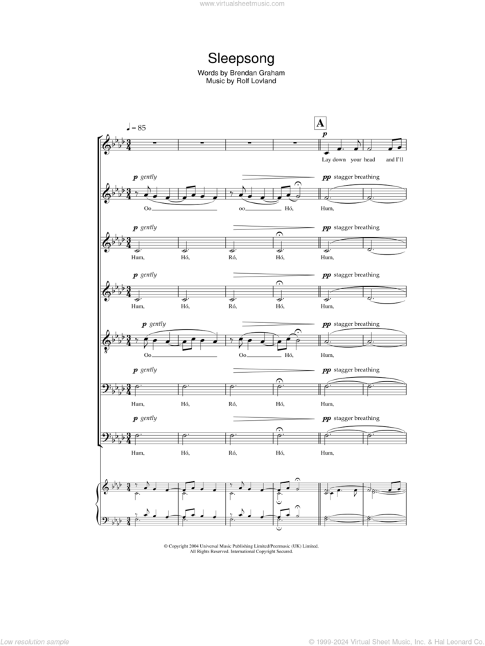 Sleepsong sheet music for choir by Secret Garden, Brendan Graham, Rolf LAuvland and Rolf Lovland, intermediate skill level