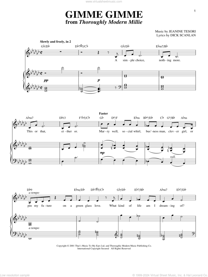 Gimme Gimme (from Thoroughly Modern Millie) sheet music for voice and piano by Dick Scanlan and Jeanine Tesori, intermediate skill level