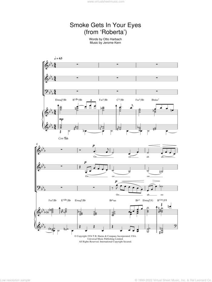 Smoke Gets In Your Eyes (from Roberta) sheet music for choir (SAB: soprano, alto, bass) by Dinah Washington, Jerome Kern and Otto Harbach, intermediate skill level