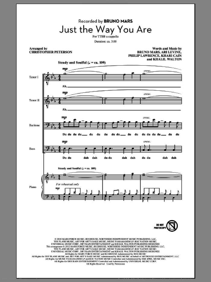 Just The Way You Are sheet music for choir (TTBB: tenor, bass) by Bruno Mars and Chris Peterson, wedding score, intermediate skill level
