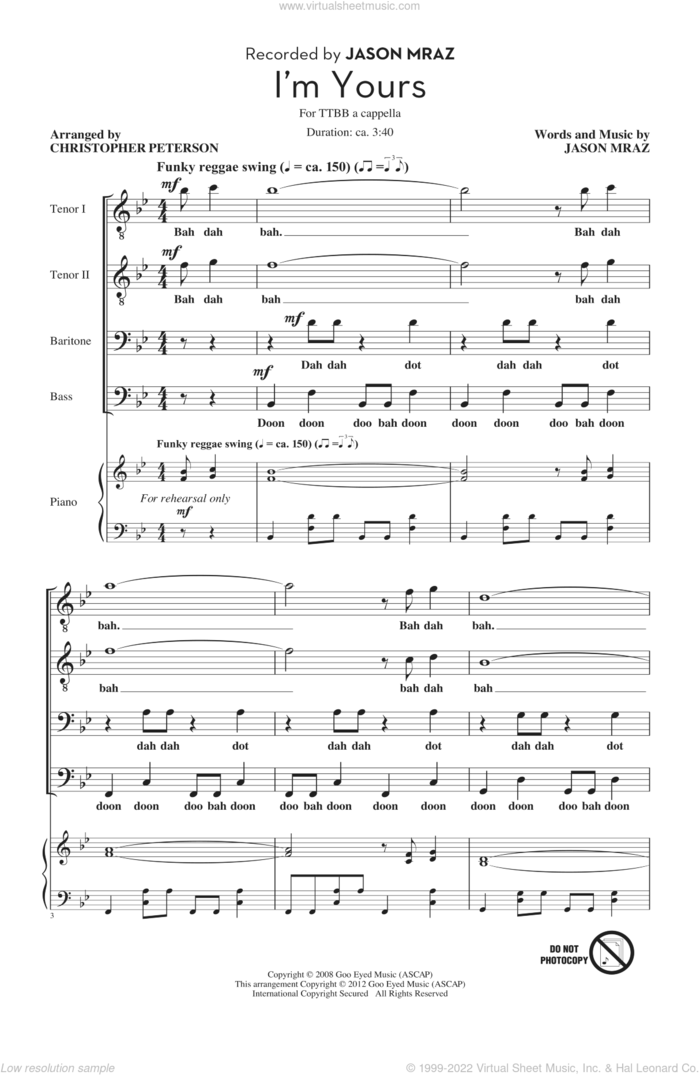 I'm Yours sheet music for choir (TTBB: tenor, bass) by Jason Mraz and Chris Peterson, intermediate skill level