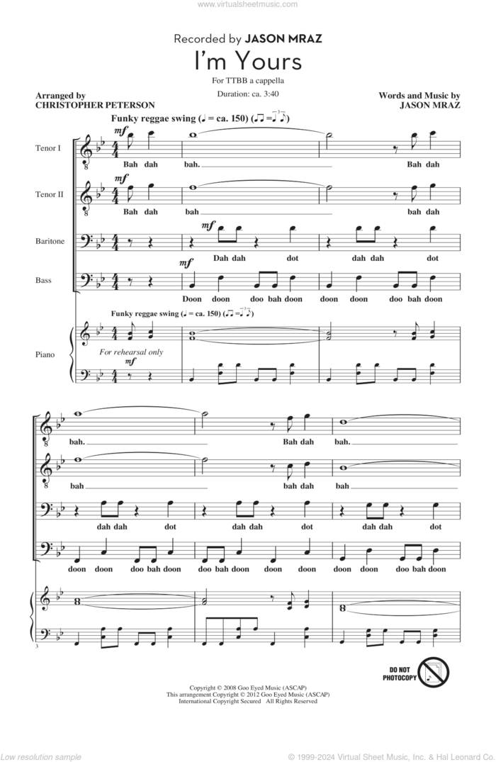 I'm Yours sheet music for choir (TTBB: tenor, bass) by Jason Mraz and Chris Peterson, intermediate skill level