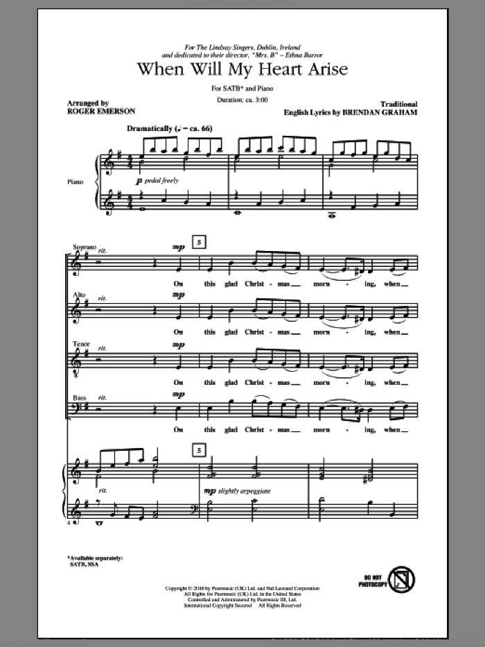 When Will My Heart Arise sheet music for choir (SATB: soprano, alto, tenor, bass) by Roger Emerson and Brendan Graham, intermediate skill level