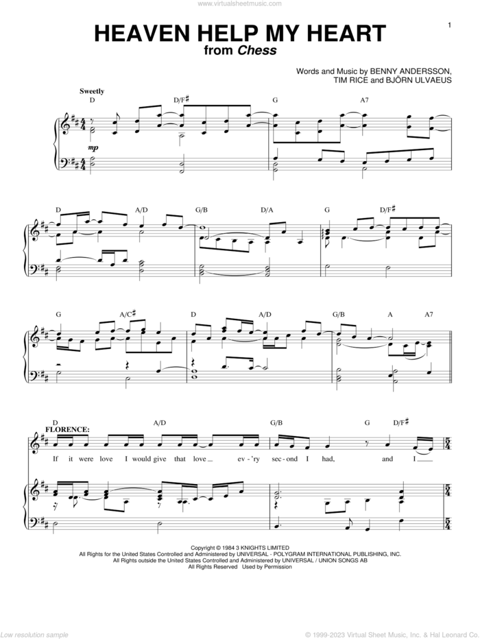 Heaven Help My Heart sheet music for voice and piano by Tim Rice, Chess (Musical), Benny Andersson and Bjorn Ulvaeus, intermediate skill level